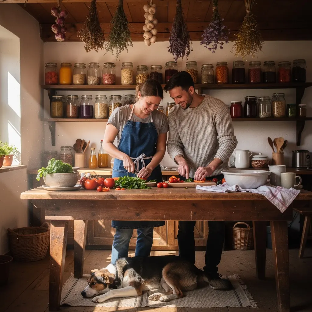 Seasonal Slovenian produce arranged on a wooden table.